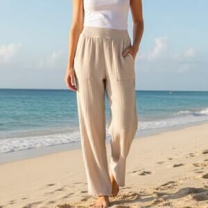 Magaschoni 100% Organic Cotton Gauze Wide Leg Pants Oatmeal Womens XS Lagenlook